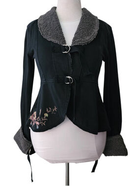 Hard Tail Forever Black Embroidered Floral Sherpa Collar Peplum Jacket L Y2K